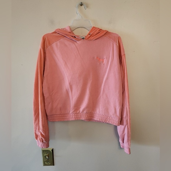 PINK Victoria's Secret Tops - Victoria secret pink peach hooded cropped sweater size xs oversized